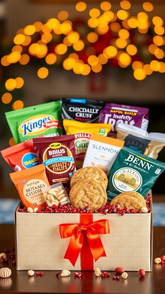 A decorated gift box filled with assorted snacks, including chocolates, nuts, and cookies.